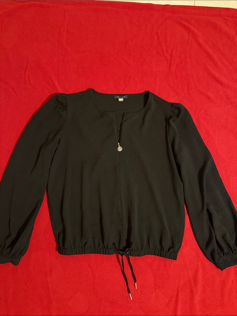 Tommy Hilfiger Black Women's Split-Neck Top with Gold Logo Charm